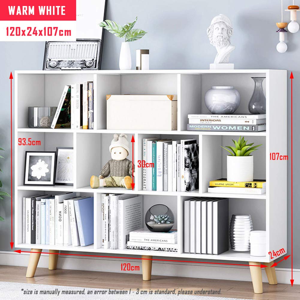 IOTXY Wooden Open Shelf Bookcase - 3-Tier Floor Standing Display Cabinet Rack with Legs, 10 Cubes Bookshelf, Warm White