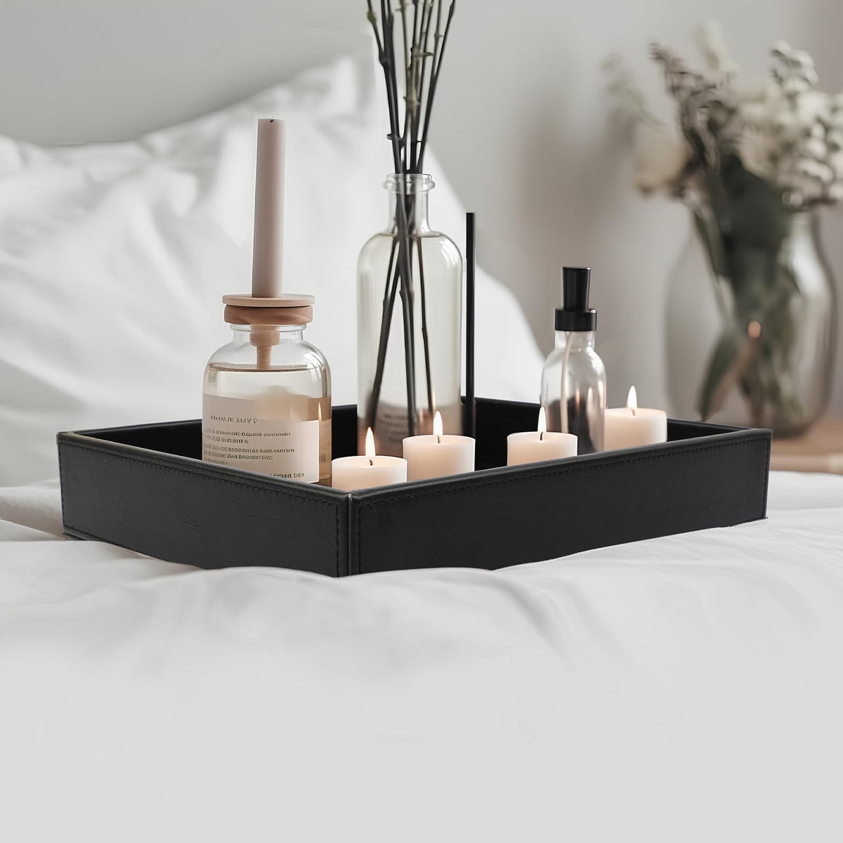 Leather Valet Organizer for Men – Black Catchall for Wallet, Keys, EDC, Jewelry, and Perfume – Nightstand, Dresser, and Bathroom Vanity Storage