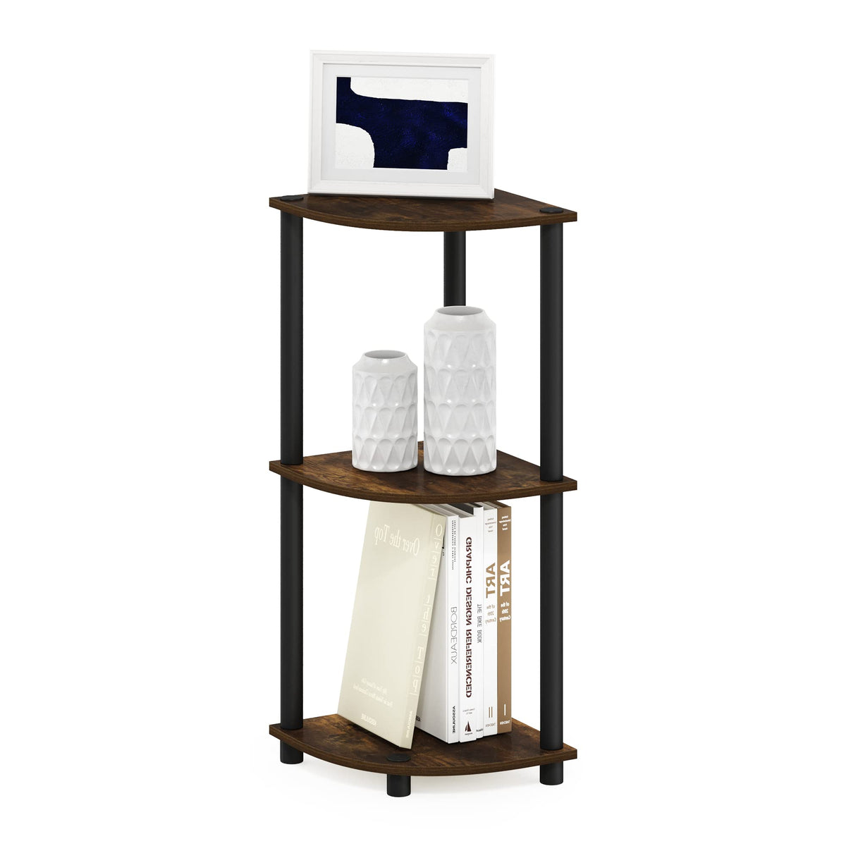 Furinno TURN-N-TUBE Corner Shelf, 3-Tier Corner Bookshelf, Display Storage Shelves with Open Shelves, for Organization and Storage, Living Room, Home Office, Garage, Amber Pine