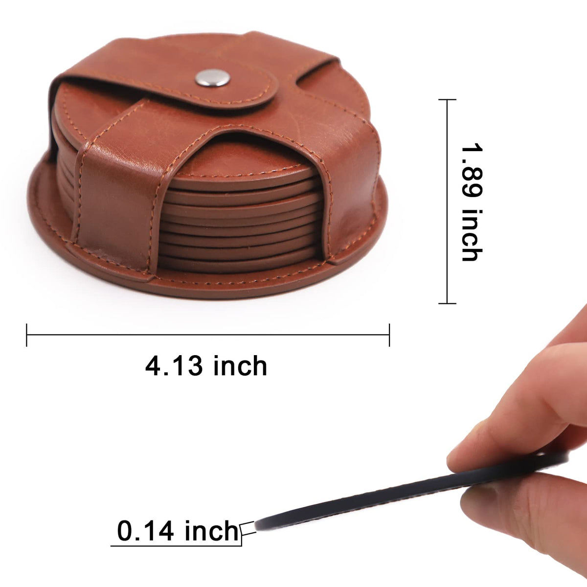 TOSSOW PU Leather Coaster 8 Pcs with Holder, Durable and Non-Slip Coaster for Protection Tabletop, Wooden Table, Desk, Bar, Coasters Fit All Cups (Brown)