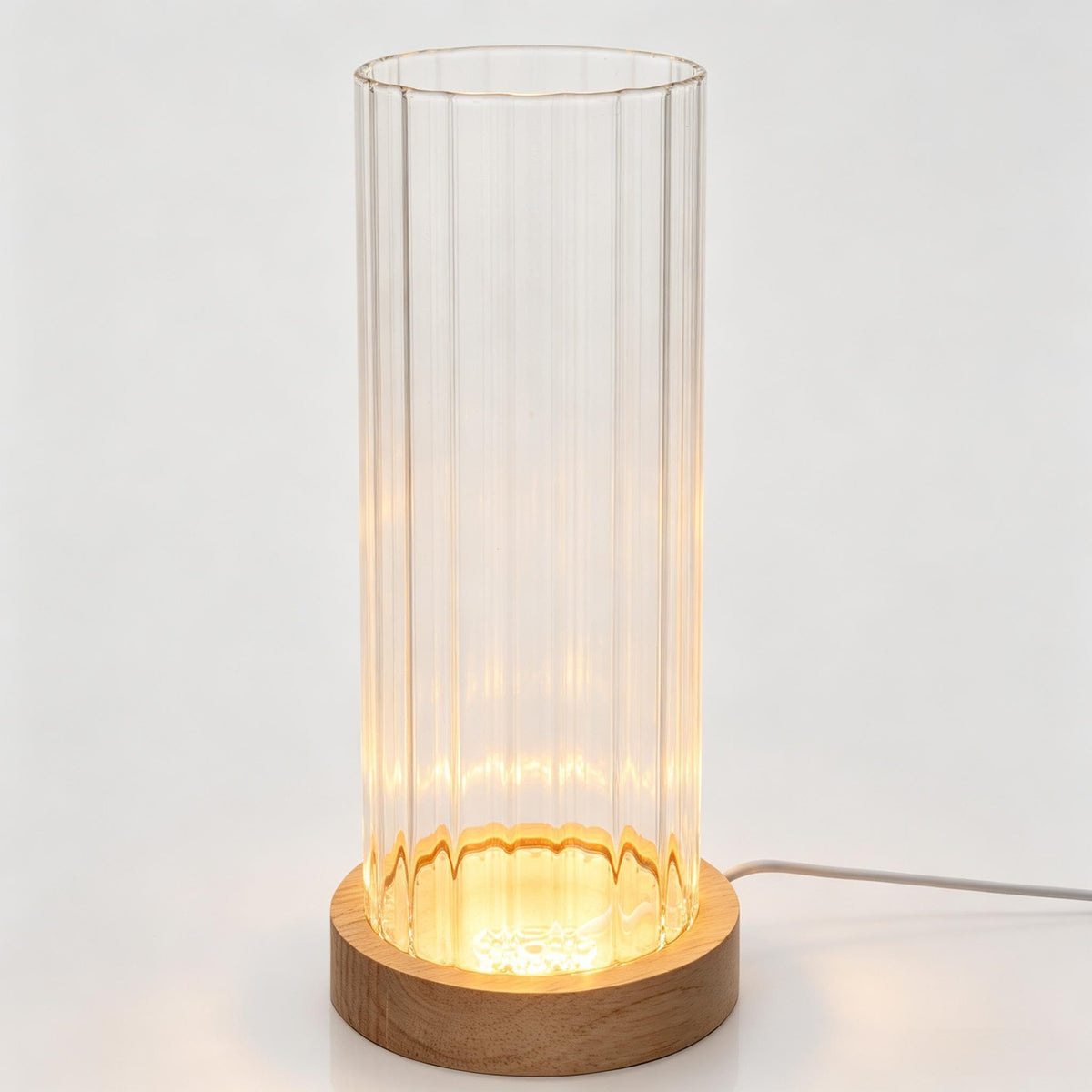 Wisifayardin Ribbed Glass Cylinder Vase with LED Light Base - 7.9 Inch Clear Fluted Bud Vase for Flowers Pampas Grass, Light Up Terrarium Fish Bowl Centerpiece, Home Decor Gift