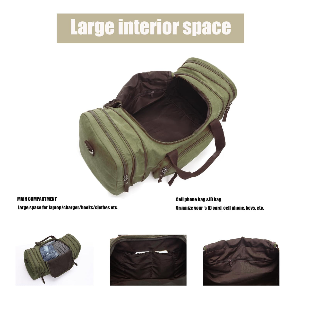 Travel bag large capacity men's luggage bag, expandable canvas leather 55 liters large capacity weekend hiking waterproof(green)