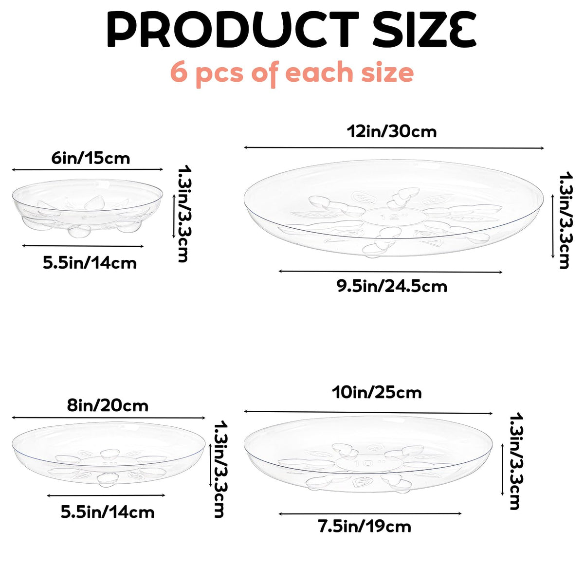 YOUEON 24 Pack Clear Plant Saucers with Feet, 6/8/10/12 Inch Heavy Duty Plastic Plant Drip Trays, Flower Pot Trays, Plant Water Catcher Tray for Indoor & Outdoor Plants, Round, 4 Sizes