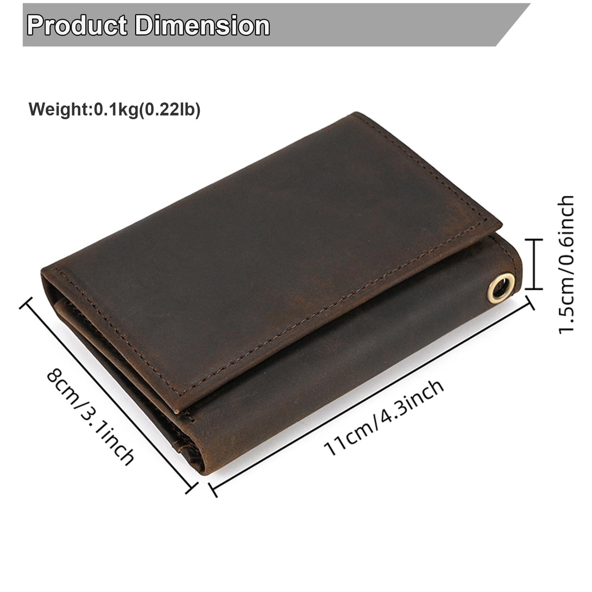 Yevabo Men's Full Grain Leather Trifold Wallet with Chain - Vintage Full Grain Leather Short Purse for Men with Multi-Card Slots, ID Window, Key Holder, Dark Brown