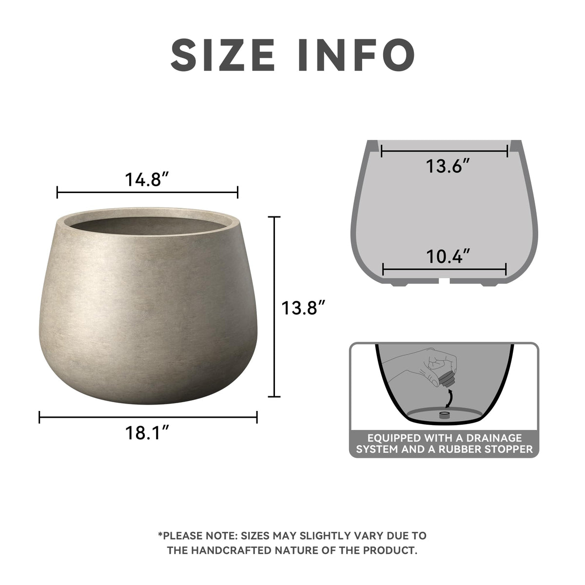 Kante Curva Series Planter, 14.8 Inch Round Concrete Garden Pot with Draiange Hole and Rubber Plug, Suitable for Indoor Plants, Home, Garden, Patio, Weathered Concrete