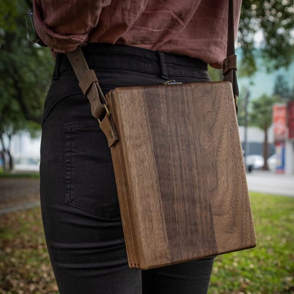 Writers Messenger Wood Box, Multifunctional Wooden Handmade Crossbody Postman Bag Portable Artist Tool Bag Painting Brush Tool Storage Sketch Box Easel for Outdoor Painting (Brown)…