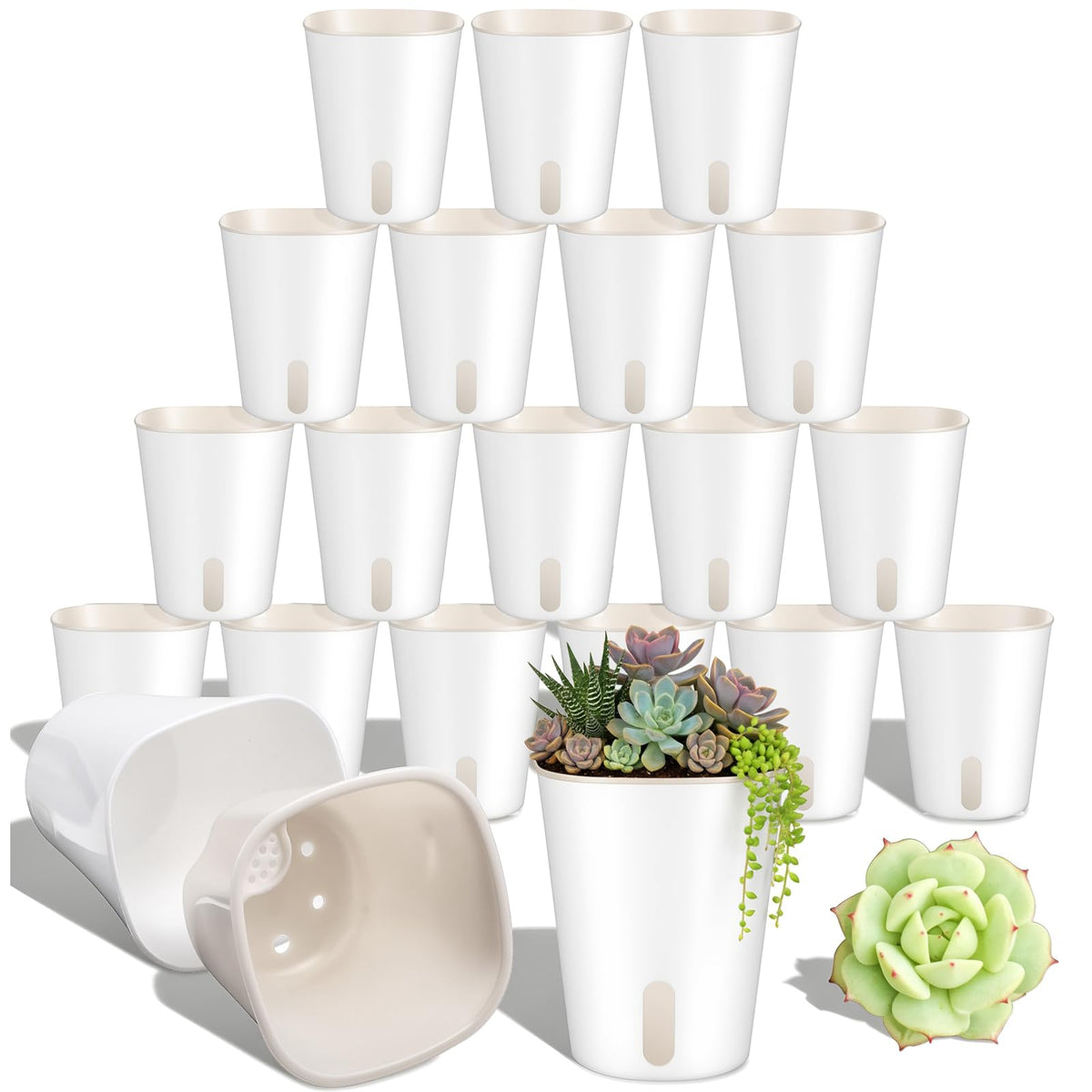Xaajooio 20 Pcs 3 Inch Self Watering Planters with Water Level Indicator and Vent Holes, Indoor Garden Pots for Succulents African Violets