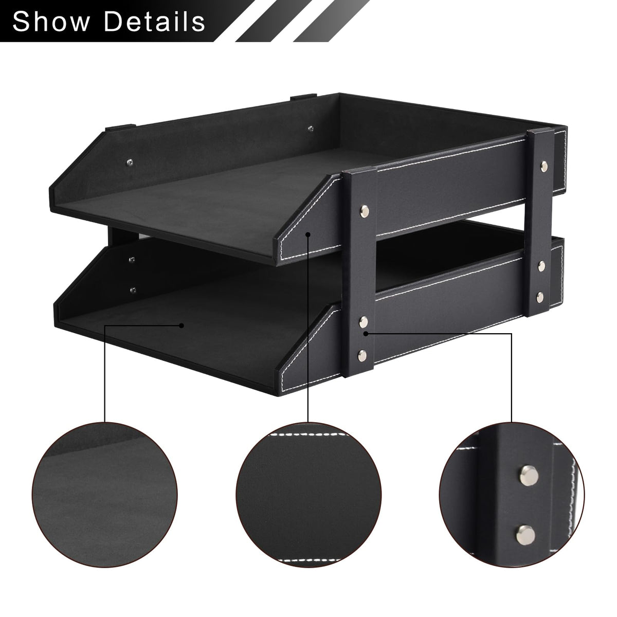 XNONE Leather Desk Organizer,2-Tier Stackable Letter Tray Holder,Office Supplies Desktop Storage Box for Document,Stationery,Magazines,Newspapers,Letters and Other Home Office Paper Sundries,Black