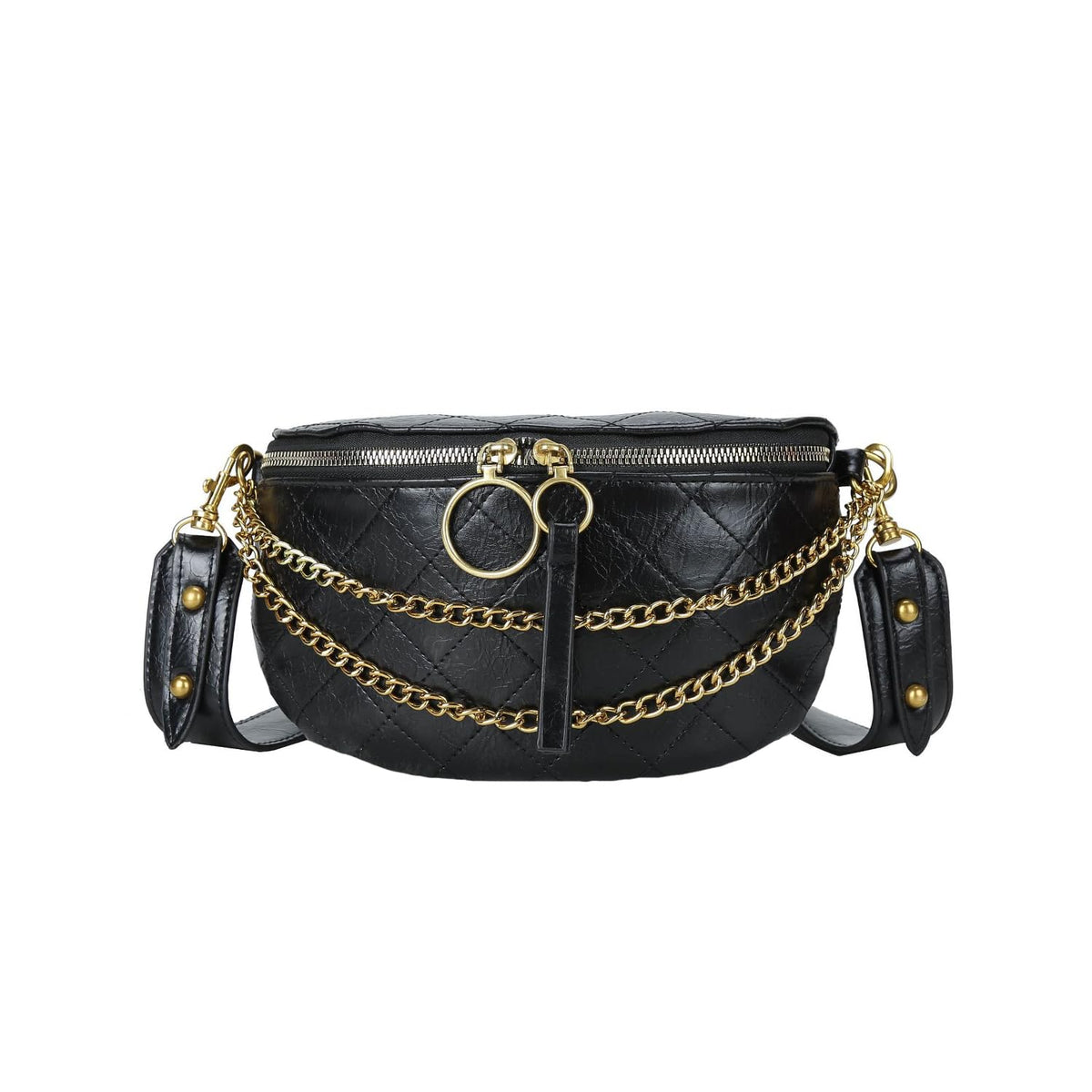 Leather Fanny Pack for Women Crossbody, Dressy Belt Bag with Gold Chain - Black Luxury Waist Purse(Black-2)