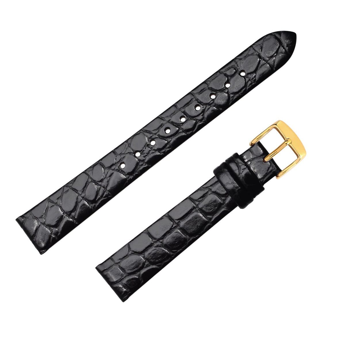 BISONSTRAP Watch Straps for Women, Crocodile Pattern Leather Thin Watch Replacement Bands,12mm, Black with Gold Buckle