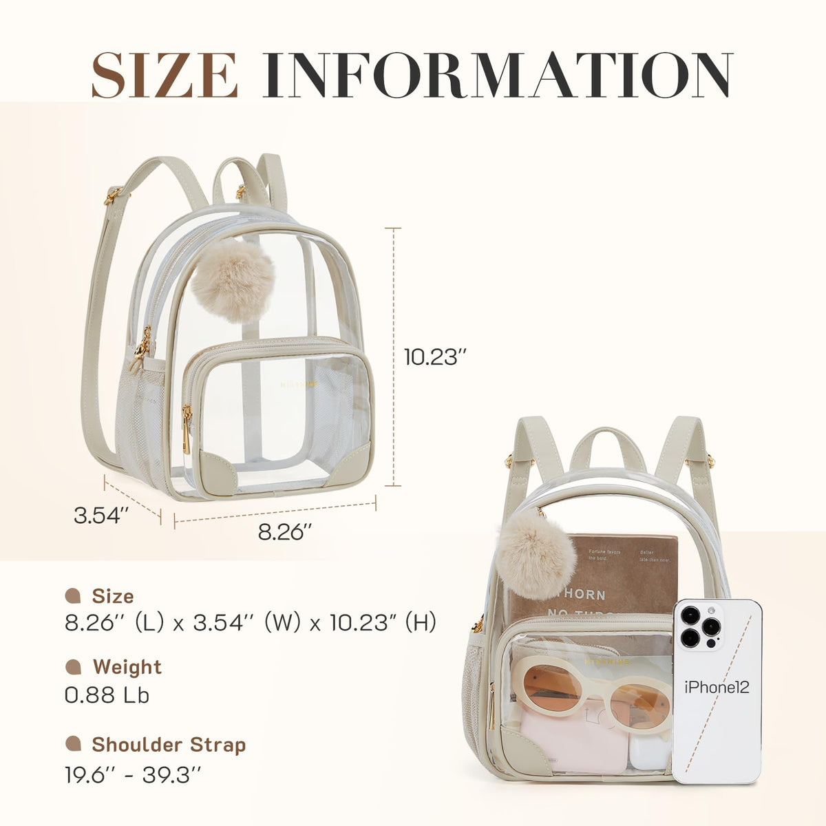 Missnine Small Clear Backpack for Stadium Events Anti-theft Mini Clear Bag for Sport Event Concert with Cute Pom-pom Ball