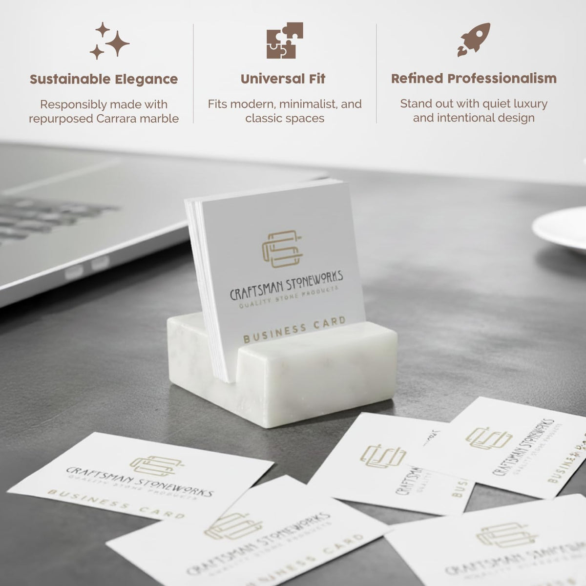 Elegant White Carrara Marble Square Business Card Holder for Desk - Stylish Card Display Stand and Organizer for Women and Men - Business Card Holder Desk made with Recycled Marble.