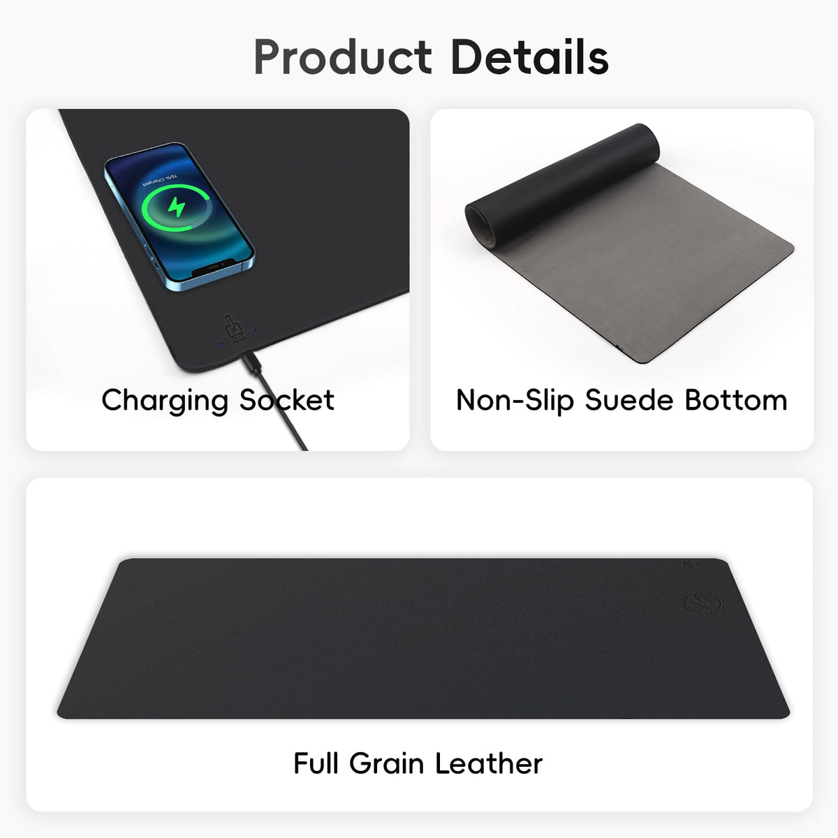 Mouse Pad with Wireless Charging, PU Leather Fast Charging Gaming Mouse Pad, Waterproof Anti-Slip Surface, Easy Clean Office Table Mat, 32L x 16W x 0.15H inches, Black(Right Side Charging Port)