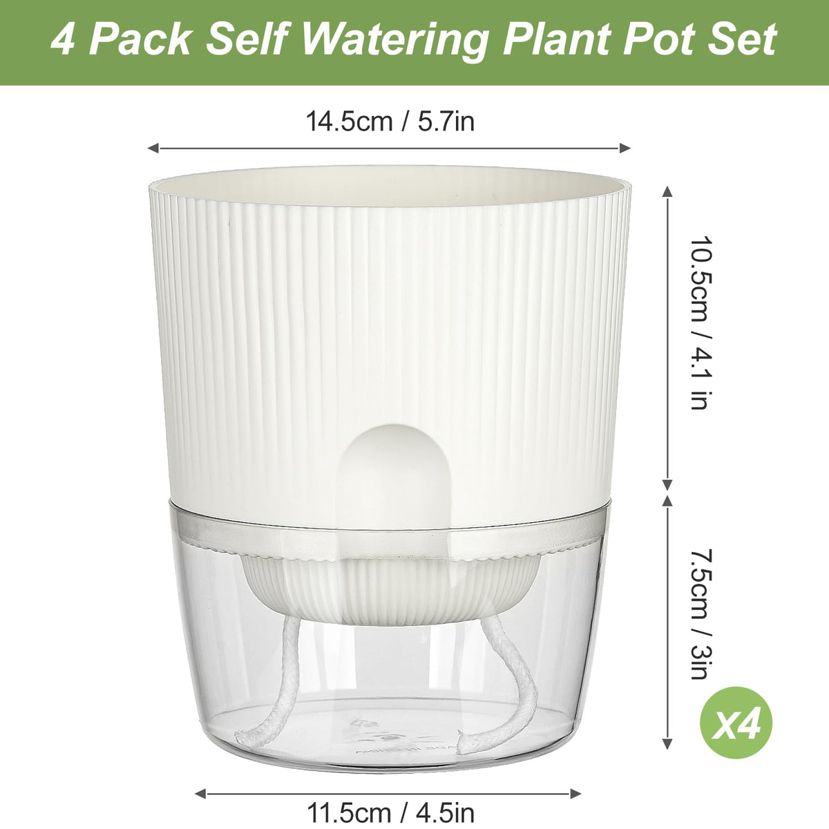 Samhe Plant Pots, 4 Pack 5.7 Inch Self Watering Pots for Indoor Plants, Flower Pots with Deep Reservoir and Drainage Holes - White