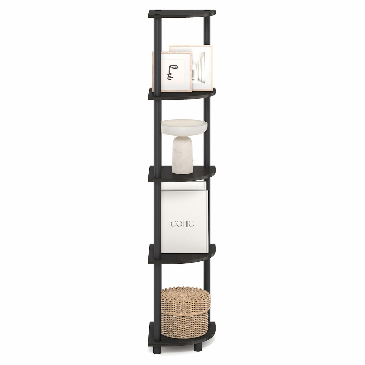 Furinno Turn-N-Tube Corner Shelf, 5-Tier Corner Bookshelf, Open Storage Shelves, for Organization and Storage, Living Room, Home Office, Garage, Bedroom, Black Espresso