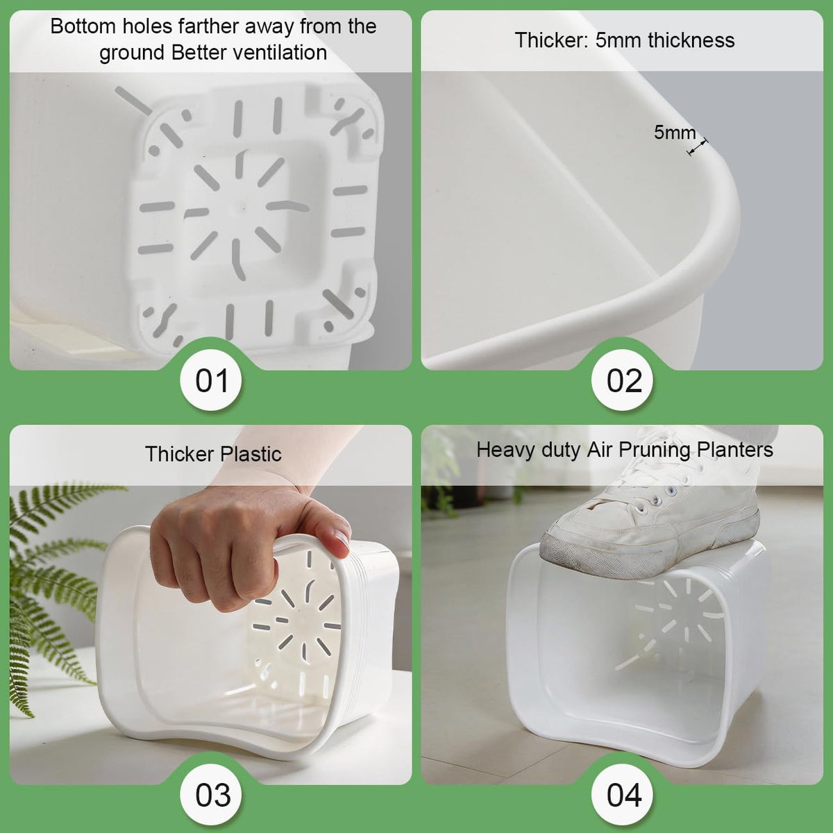 6 Pack 10/8/6 Inch Square Plant Pots with Saucers - 24-Strip Airflow Drainage for Root Health - Heavy Duty 5mm Thick White Plastic Orchid Planters for Indoor Outdoor Flowers, Herbs & Succulents