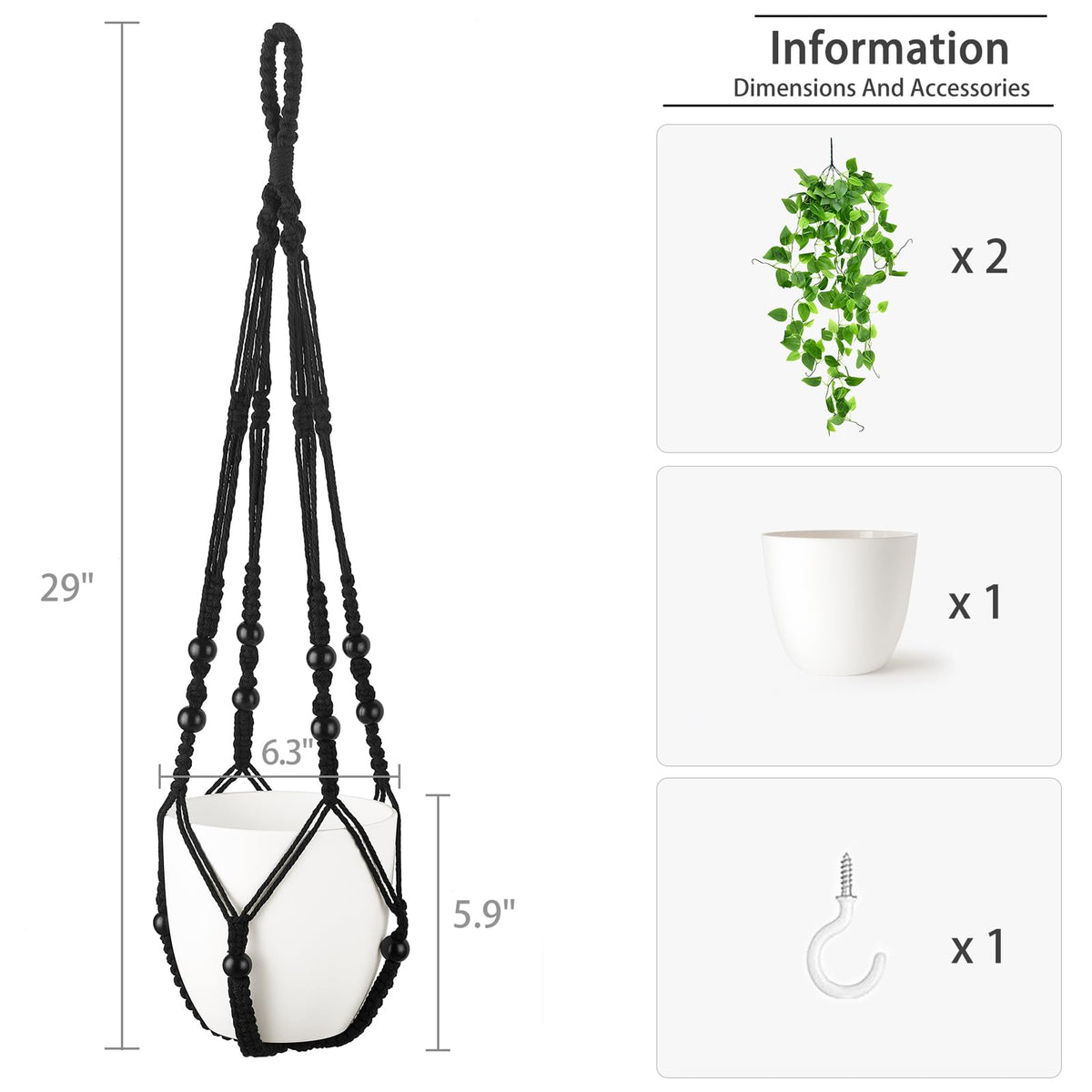 Mkono Fake Hanging Plant with Pot, Artificial Plants for Home Decor Indoor Macrame Plant Hanger with Fake Vines Faux Hanging Planter Greenery for Bedroom Bathroom Kitchen Office Decor (1, Black)