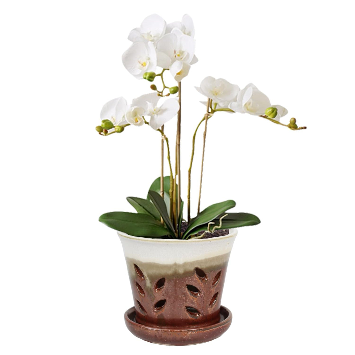 vensovo 5.5 Inch Ceramic Orchid Pot - Orchid Pot with Holes for Repotting, Ceramic Planter with Saucer for Indoor/Outdoor Plants, Brown
