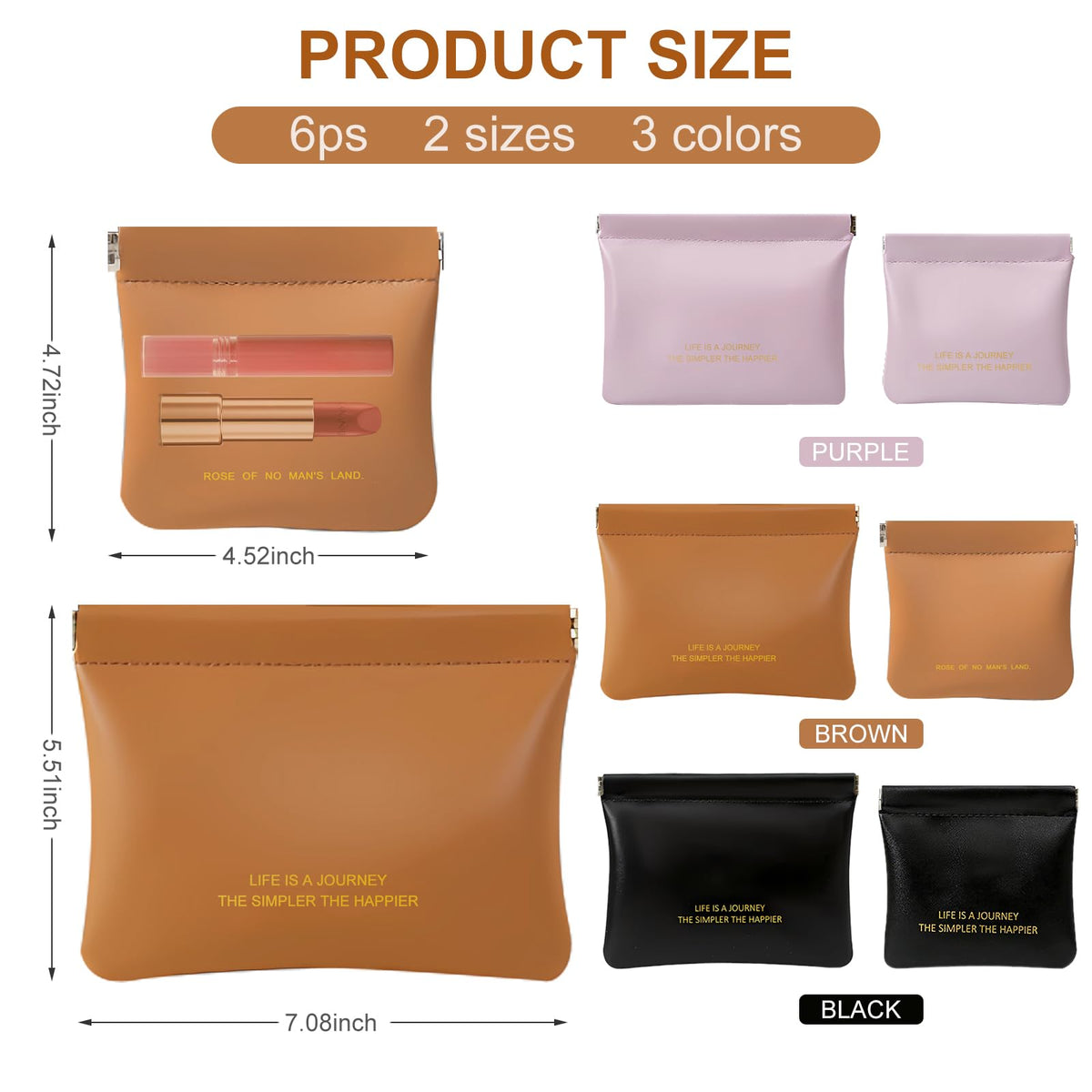 Frnoip 6 Pack small makeup bag for purse, snap closure leather organizer pouch,New lipstick pouch, portable mini storage bag,Two sizes Coin Purse Organizer Storage Pouch （Black+Brown+Purple