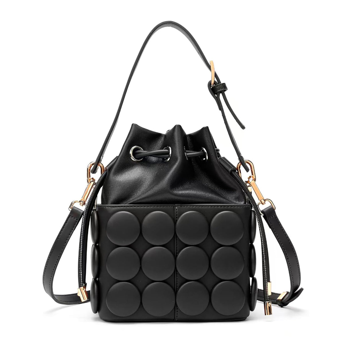 ZGRJSZDD Women's PU Leather Drawstring Top Handle Bucket Bag Purse with Solid Dot Patterns, Crossbody Shoulder Handbag, 9086 Black