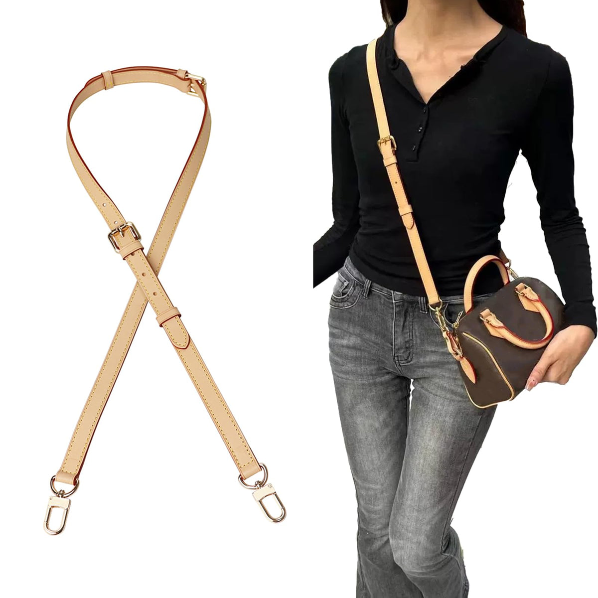 COLSEEY Genuine Vachetta Leather Crossbody Strap Genuine Leather Adjustable Replacement Strap for Shoulder Bag Handbag Purse（0.71 Inch Width）