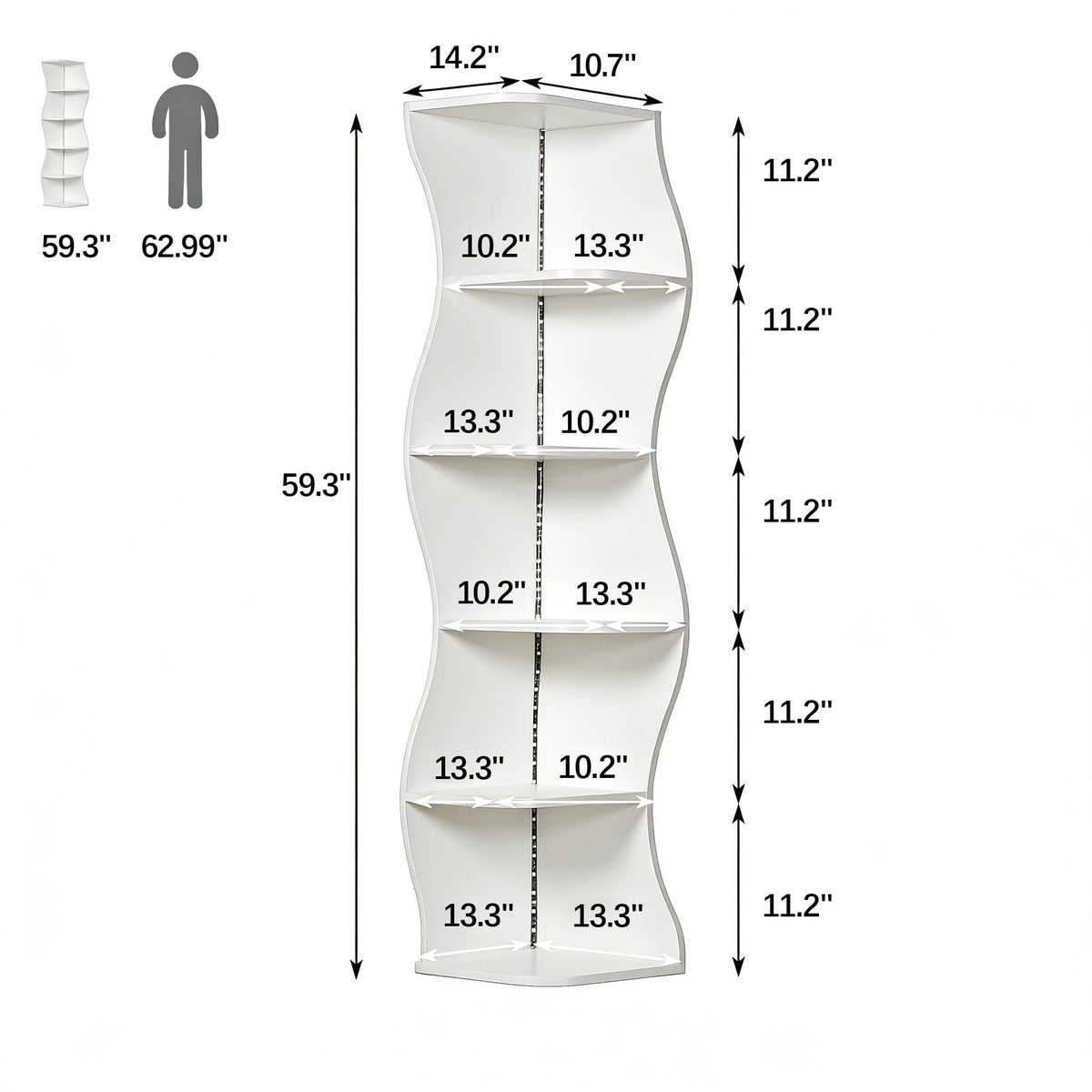 VECELO 6-Tier Wave Corner Bookcase with LED Lights, 90° Right-Angle Tall Narrow Bookshelf, Wooden Corner Display Stand Storage Shelf for Small Spaces, Living Room, Bedroom, Home Office (White)