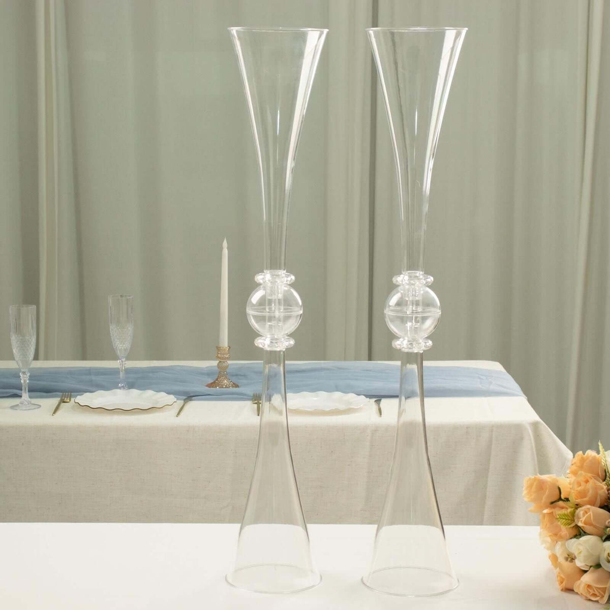 Efavormart 2 Pack | 31" Clear Crystal Embellishment Trumpet Table Centerpiece, Reversible Plastic Flower Vase