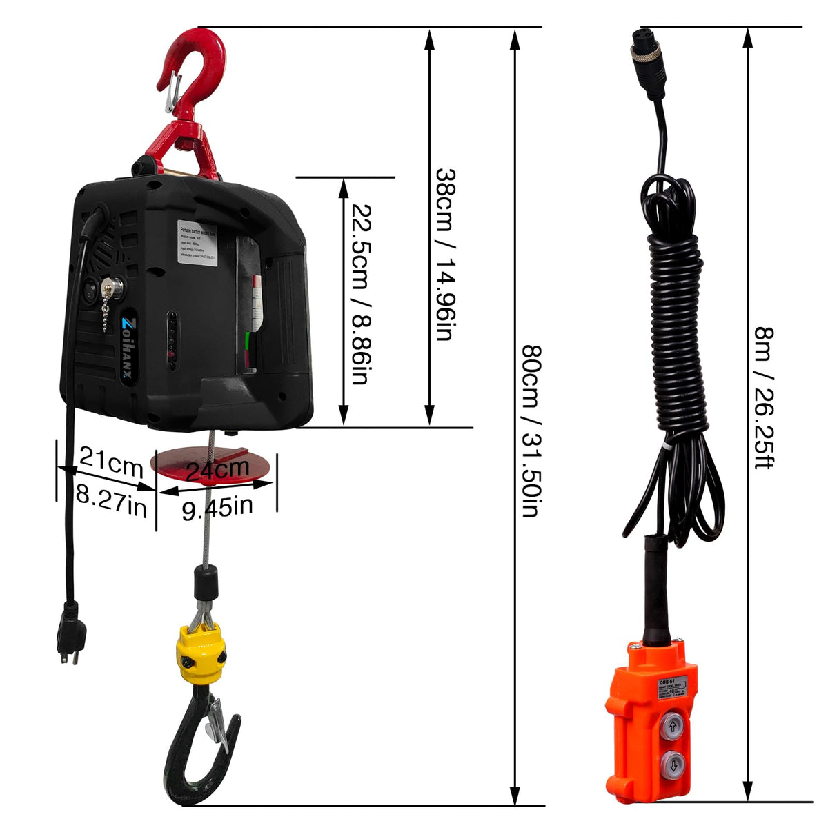 Zoihanx 3-in-1 Electric Portable Hoist Winch,1500W Portable Power Winch Crane with Wire and Wireless Remote Control, 328FT Wireless Remote Control Range,for Garage, Factory, Warehouse, Balcony