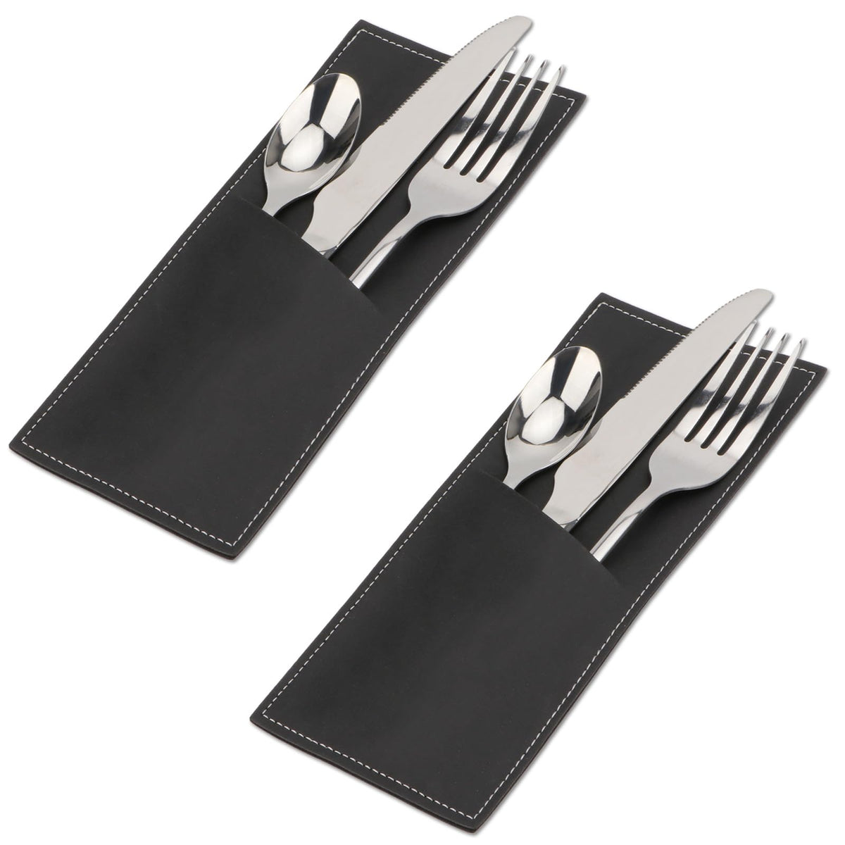 Brosay Leather Cutlery Sleeve Utensil Holders Pouch Bags Knife and Fork Silverware Sleeves for Christmas Halloween Thanksgiving Table Decor 2 Pcs (Black)
