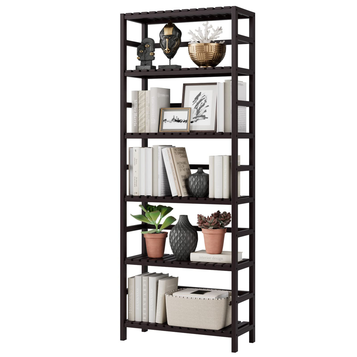 Bamjoy Bamboo Shelf, 6 Tier Bookcase Storage Shelves, Tall Book Rack Shelving Unit, Multipurpose Storage Display Shelf Adjustable Storage Rack for Bathroom Home Office Living Room Kitchen, Dark Brown