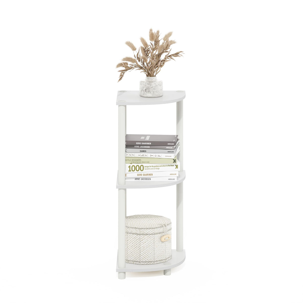 Furinno Turn-N-Tube Corner Shelf, 3-Tier Corner Bookshelf, Display Storage Shelves with Open Shelves, for Organization and Storage, Living Room, Home Office, Garage, White