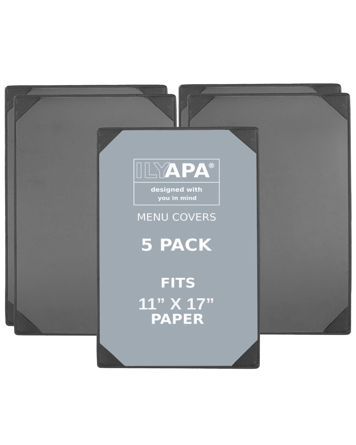 Ilyapa 5 Pack Restaurant Menu Covers 11 x 17 - Vinyl Leather Menu Holder, Single Sided Book with Corner Sleeves for Display of Wedding Menus, Weekly Kitchen Specials & Bar Drinks for Table Top
