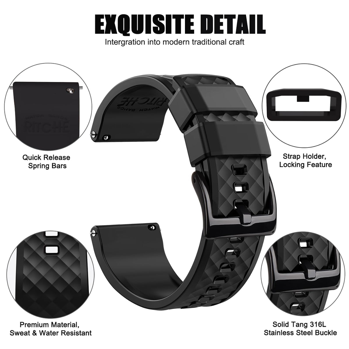 Ritche Silicone Watch Bands 18mm 20mm 22mm 24mm Quick Release Rubber Watch Bands for Men, Black / Black, 20mm, Classic,Sport