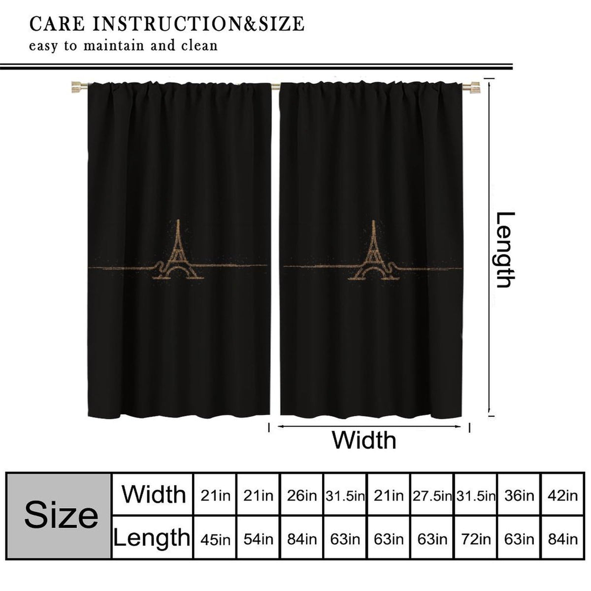 Fblifil Simple Luxury Eiffel Tower Curtain Black Background, Gold Eiffel Tower, Exquisite Home French Romantic Printed Rod Pocket Window Treatments for Bedroom Living Room Decor 42" W X 45" L