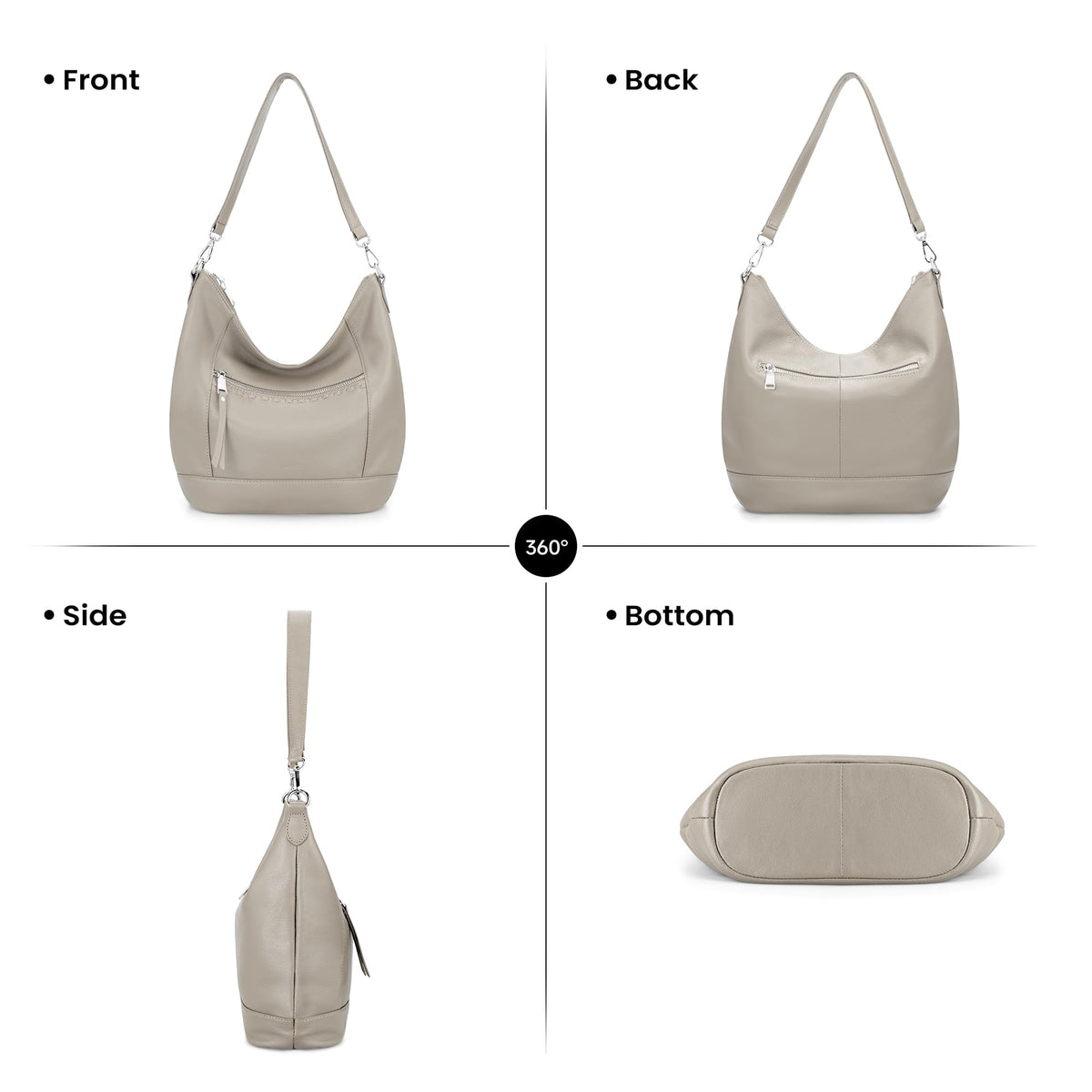 befen Soft Shoulder Purses for Women Genuine Leather, Medium Crossbody Hobo Purses for Women, Ladies 100 Percent Real Leather Purse, Lightweight Shoulder Handbags Beige Grey