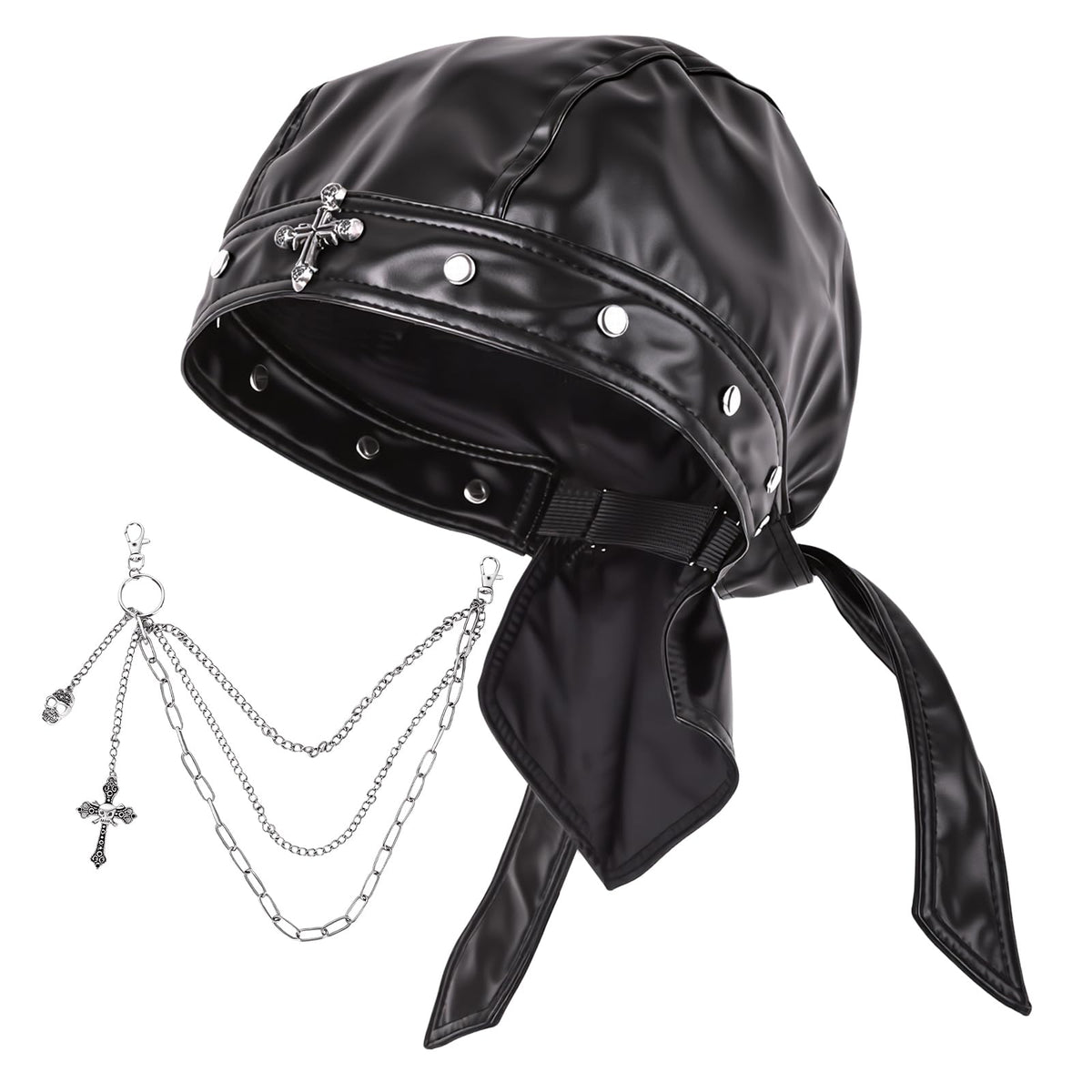 Vigdit Leather Biker Cap, Black Skull Cap for Women & Men, Adjustable Leather Punk Bandana Biker hat with Pants Chain