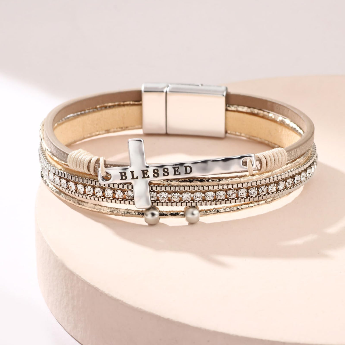 Leopard Bracelet for Women, Boho Leather Wrap Multi-Layer Pearl Crystal Bracelet Bangle Jewelry (Blessed Cross(Khaki))