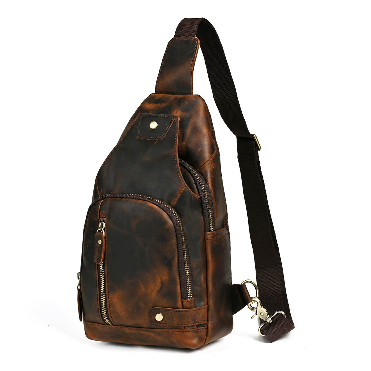 Handadsume Thick Crazy horse Leather Triangle Crossbody Sling Chest Bag Travel One Shoulder Bag Daypack For Men Male 3028 (8066 brown)