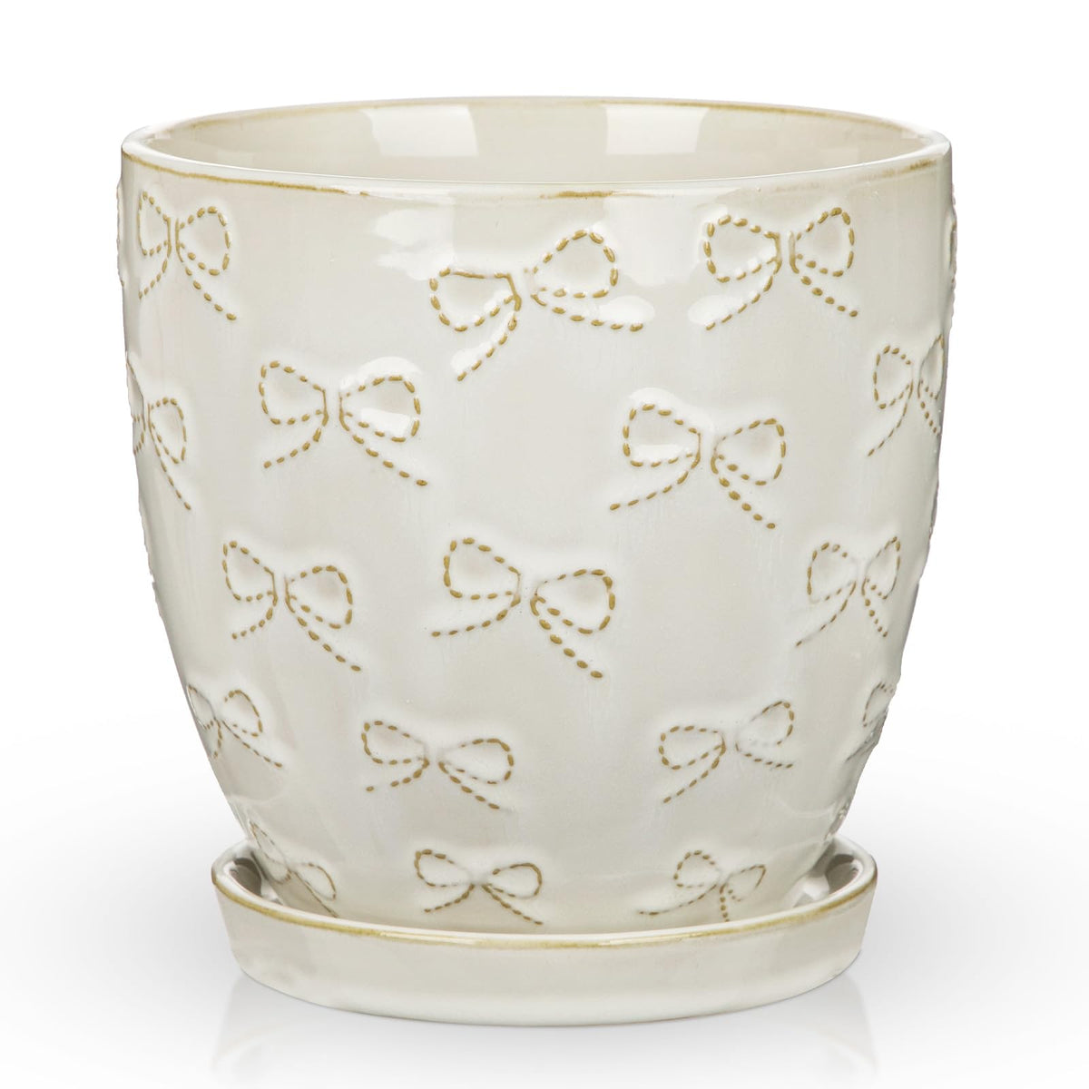 Hollyone 6 Inch White Ceramic Planter Flower Plant Pot with Drainage Hole and Saucer for Plants Embossed Indoor Outdoor Garden Embossed Ceramic Glazed Round Pot for Succulent Orchid Bow Pattern