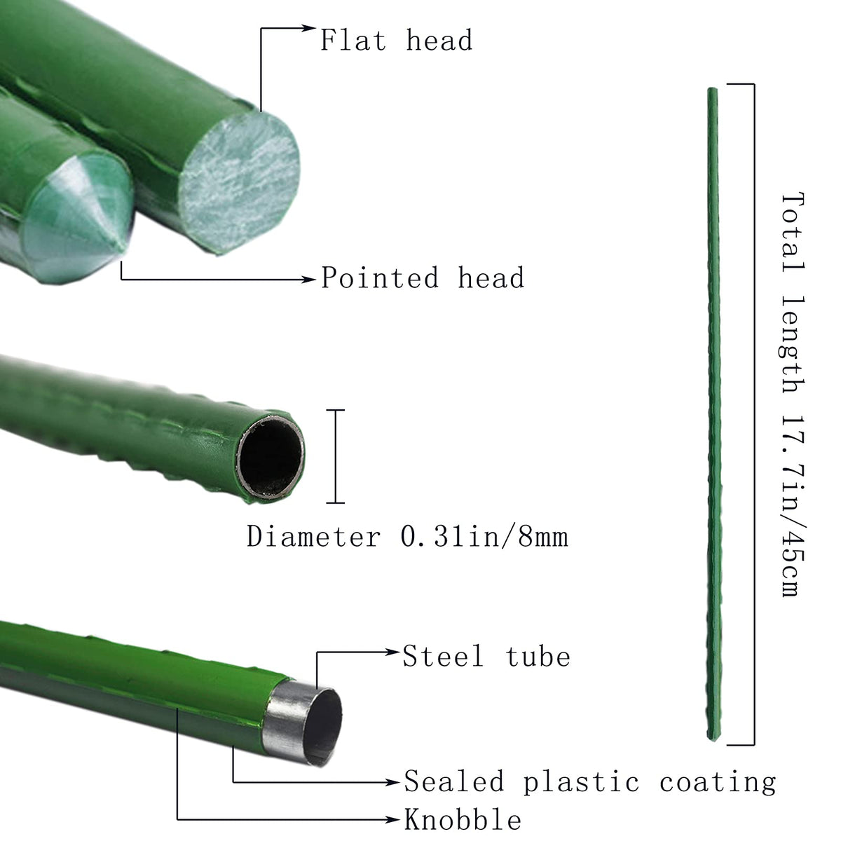 Arlai 45cm/1.48 Ft Garden Stakes, Plastic Coated Steel Plant Stakes Sturdy Tomato Stakes, Pack of 25