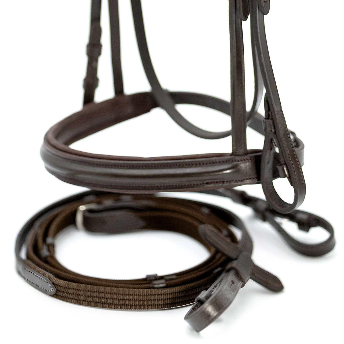 Jeffers Uniquely English Devon Leather Snaffle Bridle with Reins for Horses, Oversize - Padded Monocrown, Raised Browband, Cavesson Noseband, Hook Stud Ends, English Horse Tack for Riding or Jumping
