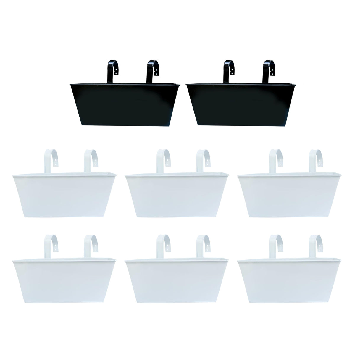 LaLaGreen Bundle- 2 Pack, 16 Inch Black + 6 Pack, 16 Inch White Rectangular Metal Pot Large Strawberry Hanging Wall Fence Plant Holder Deck Rail Balcony Modern Flower Box with Hook Outdoor Patio Decor