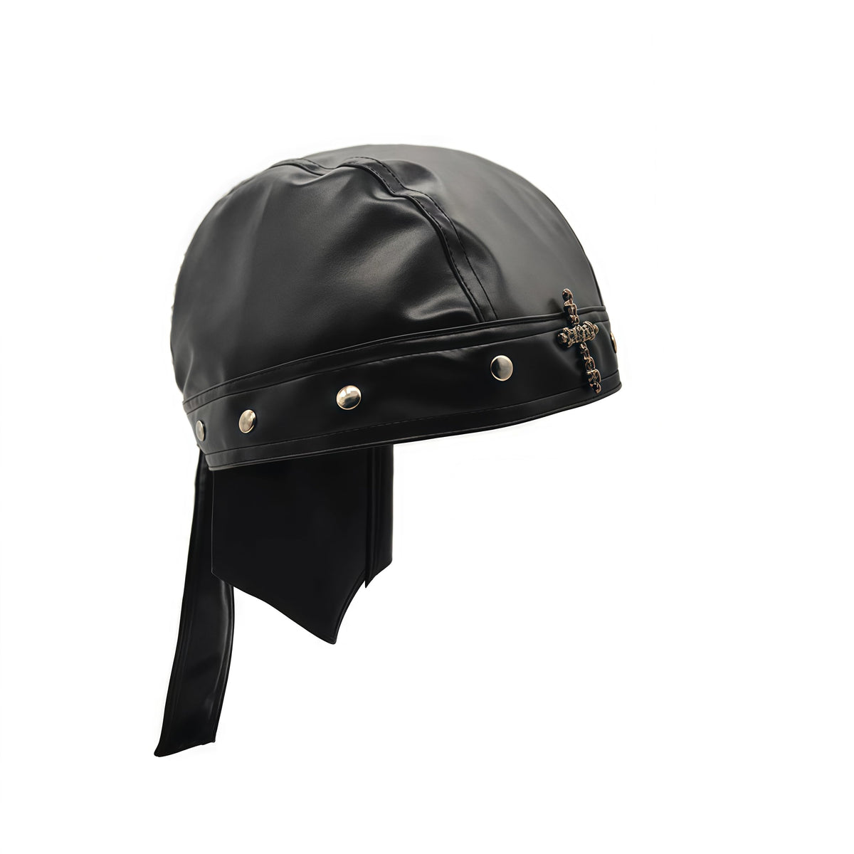Leather Biker Skull Cap for Women Adjustable Skull-Studded Cross Motorcycle Hat with Snug Fit, Stylish Biker Head Wrap & Riding Cap