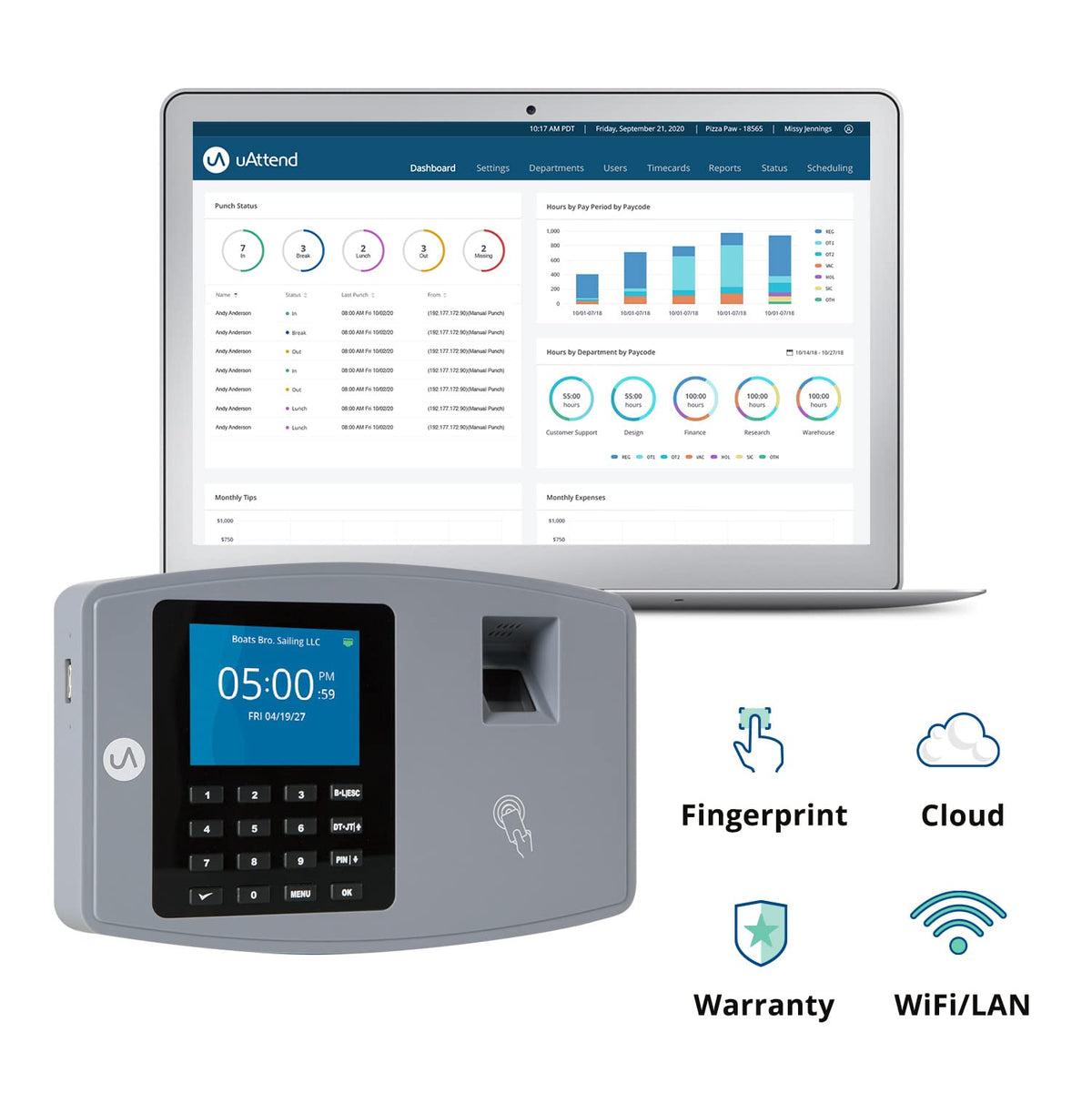 uAttend BN6500 Biometric Fingerprint Time Clock System for Small Business with WiFi and Cloud-Based Employee Timecards