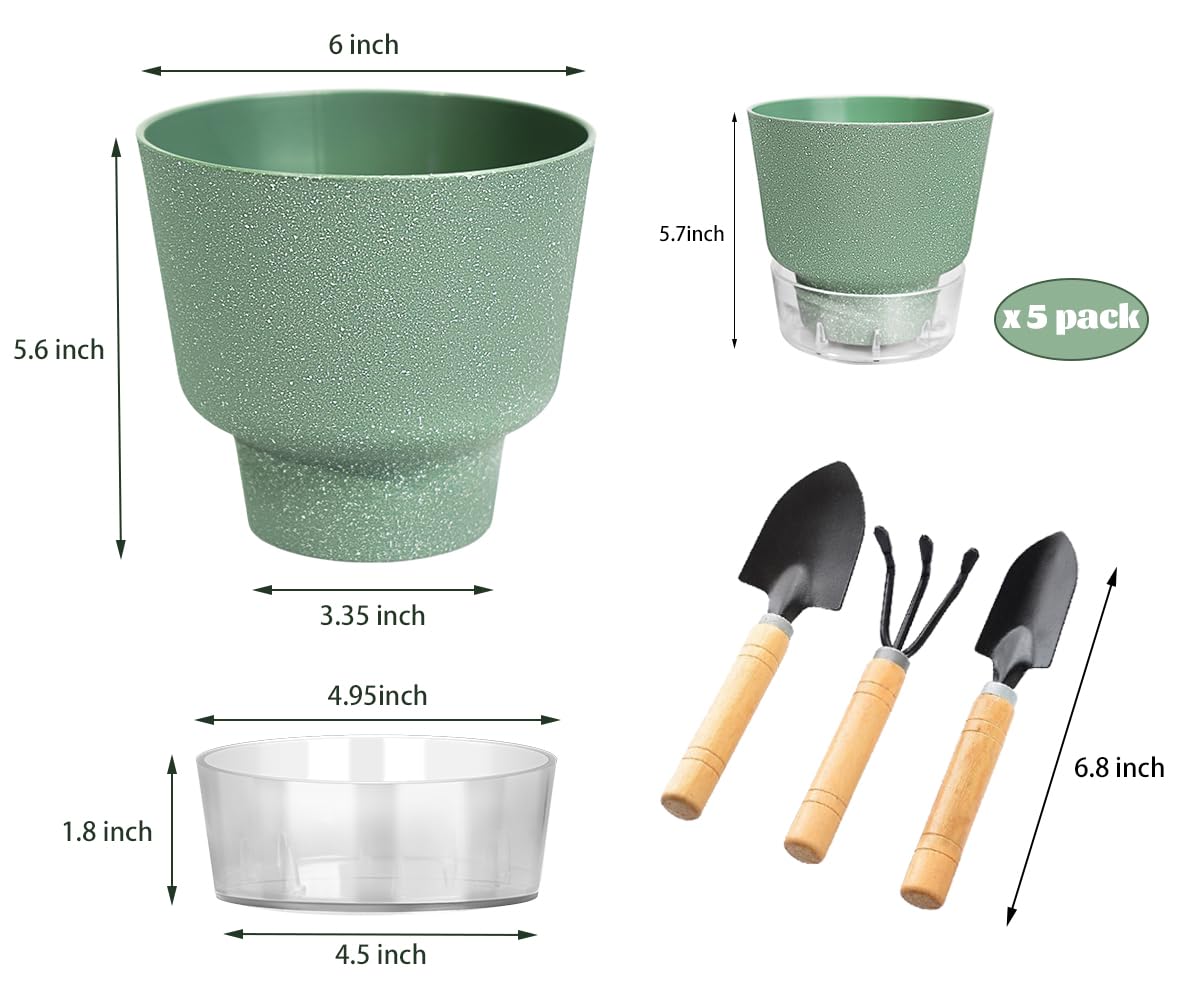 HYNZ 2024 Upgraded 5 Pack 6-Inch Self-Watering Planter Pots with Deep Reservoir for Indoor and Outdoor Plants with Planting Tools (Frosted Black)