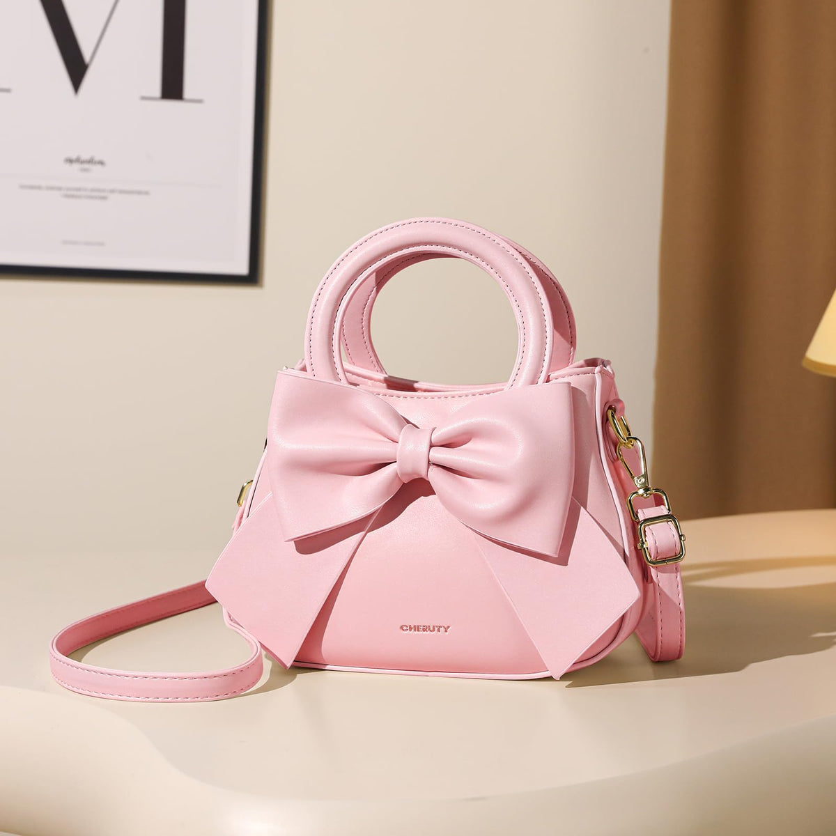 Small Purses for Women Crossbody Bag, Vegan Leather Crossbody Purses and Handbags with Top Carry Handle and Cute Bow Knot(Pink)