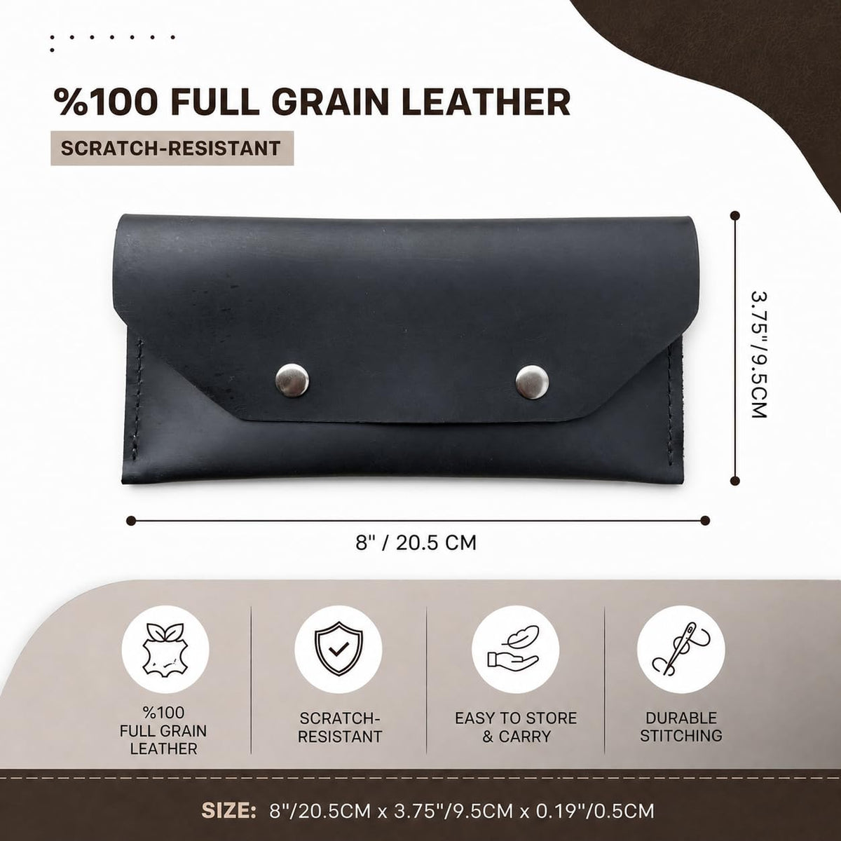 ZEMARS Genuine Leather Cash Envelope Wallet, Two Snap Money Pouch for Men and Women, Reusable Budget Envelope Wallet, Slim Organizer for Cash, Cards, Receipts, Checks and Keys (Black)