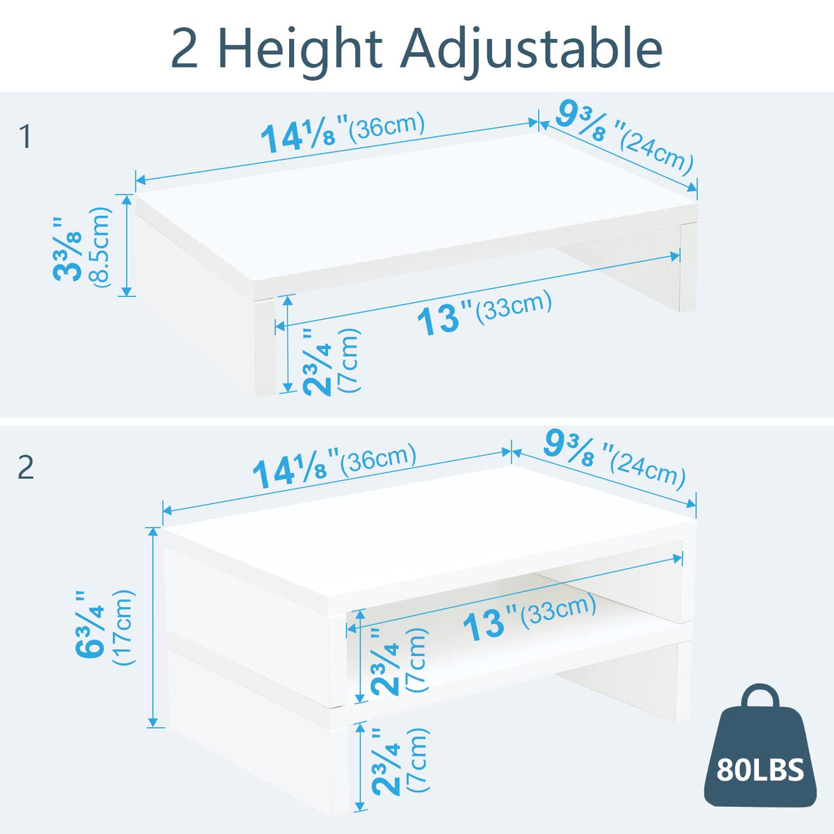 TEAMIX 2 Tier White Wooden Laptop Stand and 2 Pack White Monitor Stand Riser for Computer Desk Home Office Organization.