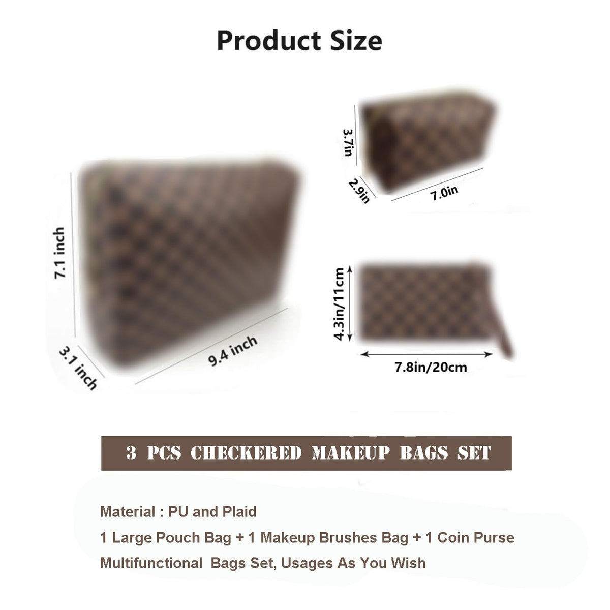 bopomofo Brown Checkered Cosmetic Bag 3 Pack,1 Big Pouch,1 Makeup Brushes Holder, 1 Coin Purse,Portable Travel Makeup Bag Set Lightweight and Waterproof Storage Bag Organizer (Brown Checkered 3 Pcs)