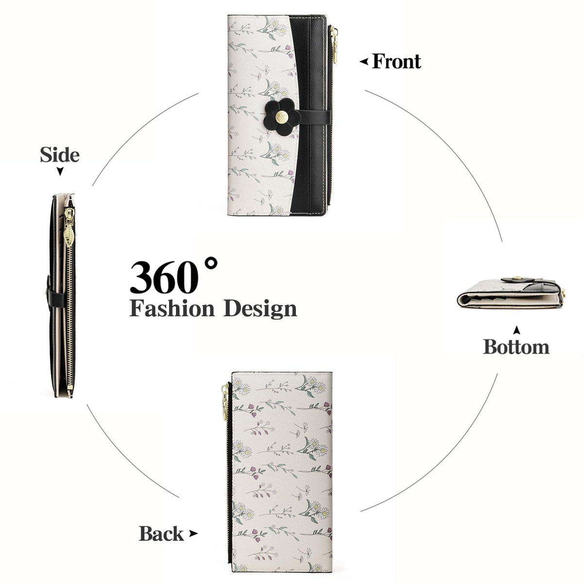 GAEKEAO Womens Wallet Slim Thin RFID Blocking Bifold Floral Vegan Leather Card Holder Large Capacity Wallet with Zipper Pocket